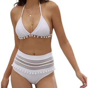 Adorable high waisted white Pom Pom bikini